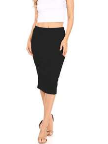 Casual High Waist Slim Stretch Pull-On Bodycon Pencil Solid Midi Skirt - 黑色 - 查看 5