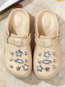 女式可调节DIY水晶钻发光孔洞一脚蹬凉鞋，适合户外、海滩、居家，四季皆宜