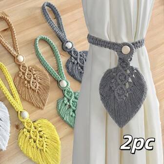 2pcs Boho Vintage Leaf Pattern Tie-Up Curtains With Adjustable Wooden Beads & Tassels - 58gsm Polyester Home Decor, Fit For Bedroom, Living Room, Kitchen, Cafe Curtains