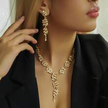 3pcs Set Fashionable European & American Creative Wheat Rhinestone Necklace & Earrings Jewelry Set, Suitable For Wedding & Parties - Leaf - View 5