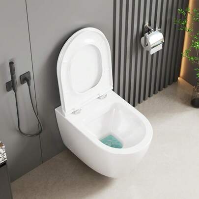 WC suspendu, sans bride avec couvercle à fermeture douce, WC à fond creux à faible odeur, WC en céramique avec revêtement nano, cuvette de WC avec chasse d'eau monotrou superspin, blanc