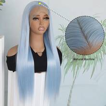 Light Blue Color Hair Synthetic Lace Front Wigs Fashion Blue 13x4 Free Part 28 Inches Long Straight Wigs HD Lace Pre Plucked Baby Hair Natural Hairline Glueless Frontal Lace Replacement Wigs Ready To Wear Comfortable For Women Girls Party Movie Concert Makeup Use Daily Wear - Màu xanh nhạt - Xem 5