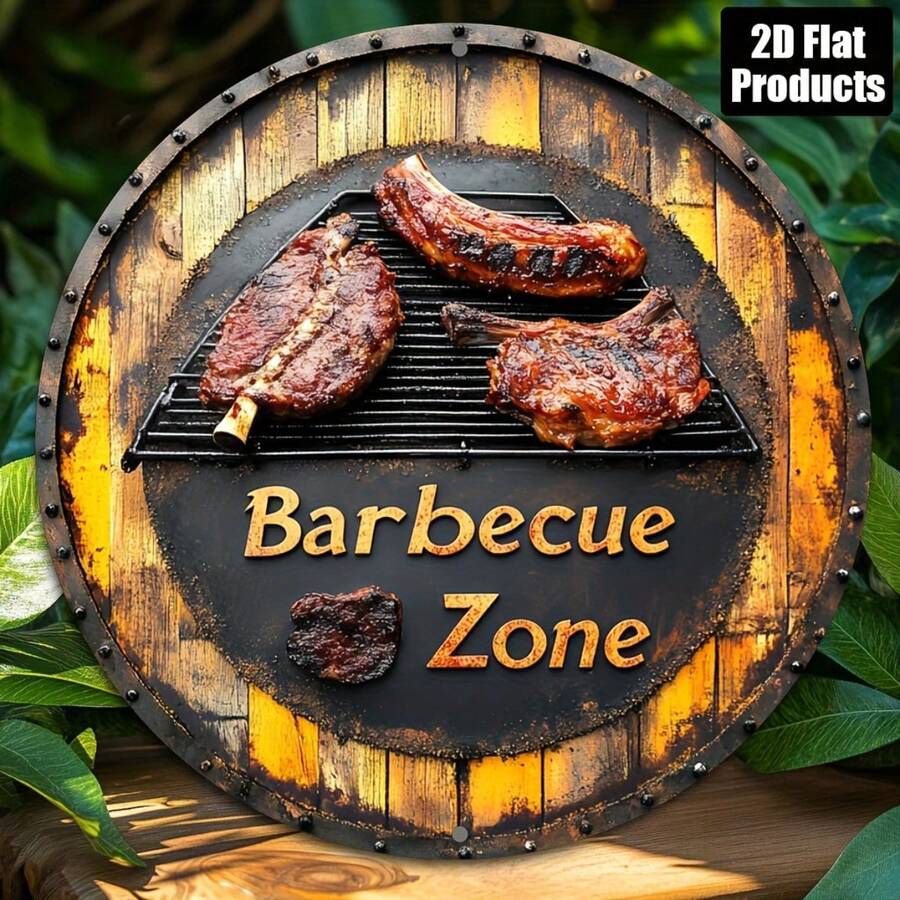 1件2D平面烧烤主题金属墙饰，8英寸圆形，适用于酒吧、厨房、咖啡厅、家居、客厅、办公室、餐厅、卧室、派对装饰，预钻孔，孔位随机。 - 彩色 - 查看 1