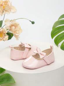 Infant Shoes With Hook And Loop & Bow Decor, Anti-Slip Elegant Princess Flats For Toddler - Pink - View 2