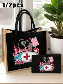 女士托特包 - 护士图案单肩包，便携手提包，手绳钱包，化妆包，零钱包，大容量购物袋，女士亚麻大容量手提包。大容量，购物袋。女士礼物，完美的节日单肩包，护士礼物，母亲节礼物，适合日常旅行、海滩度假、学校、大学、工作、商务、通勤、户外、度假 - 黑色 - 查看 1