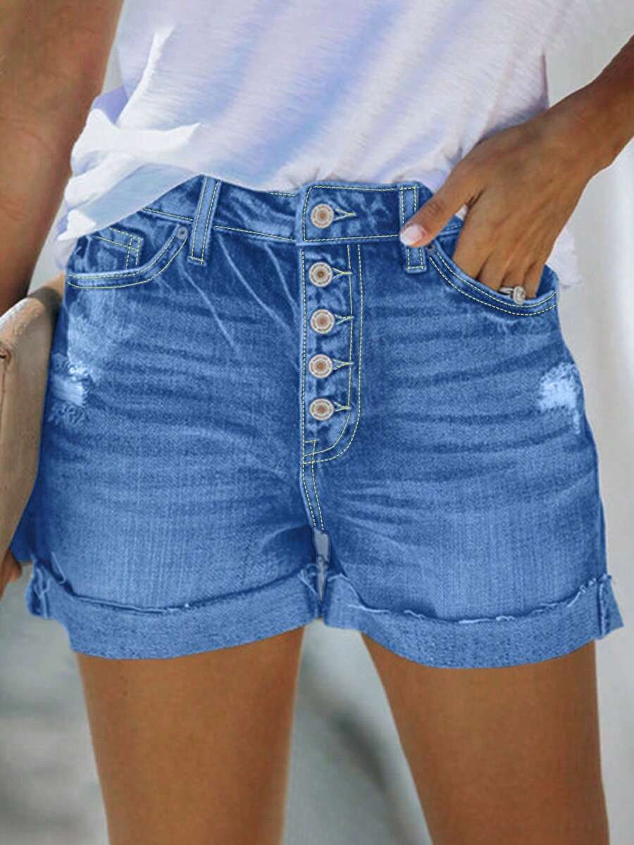 Women Casual Washed Buttoned Ripped Denim Shorts - Light Wash - View 1