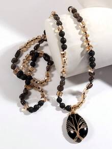 Bohemian Style Tree Of Life Pendant Necklace - Natural Tiger's Eye Stone, Handcrafted With Oval Amber, Golden Accents, Black And Brownish-Orange, For Men And Women Necklaces For Women Jewelry Women Accessories Women - Pendant Necklace - View 2