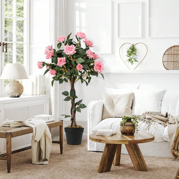 GOFLAME Artificial Flower Tree, 93 CM Faux Floral Plant W/Pine Roses, Real Wood Trunk, Greenery Potted Plant, Free Maintenance, Artificial Blooming Rose Tree For Office Home Porch Decor