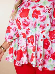 Plus Size Women Floral Print V-Neck Drawstring Waist Ruffle Hem Casual Vacation Top, Summer - Red and White - View 5