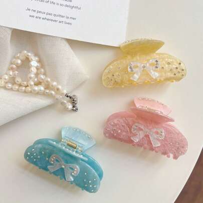 1pc Hair Claws Ballet Aurora Starry Sky Pink Rhinestone Bow Clip Cute Personalized Fashion Simple Versatile Elegant Elegant Girl Hair Clip French Retro Hair Claw Hair Clip Suitable For Daily Use, Home, School, Seaside, Vacation, Work, Commuting, Party, Holiday, Birthday Gift, Back-To-School Season, Versatile To Go Out Girl Summer Hair Clips Hair Jaw Clip Hair Clamps Hair Clutch