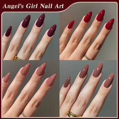 96 件（4 种混合）长杏仁红色和咖啡色尖头按压指甲短丙烯酸指甲尖全覆盖假指甲哑光尖头按压指甲，包含 1 件果冻胶和 1 件指甲锉，带收纳盒，适合女性和女孩日常生活和派对使用指甲用品指甲