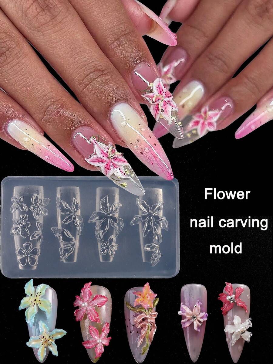 1 件浮雕花朵指甲雕刻模具 3D 百合芙蓉花瓣图案设计板冰花设计模板 DIY 美甲脱模工具配件、美甲用品、美甲工具、美甲工具、返校、指甲、按压指甲的美甲工具
