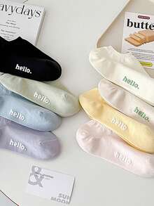 5 Pairs Women's Random 'Hello' Letter Pattern Comfortable Breathable Boat Socks, Versatile Spring/Summer - Multicolor - View 3