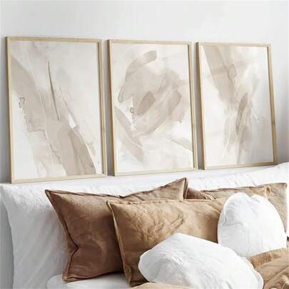 1幅/3幅米色和棕色墙面艺术海报，中性现代笔触帆布印刷抽象画，适用于客厅、卧室、家庭办公室、宿舍墙面装饰，带框/不带框，墙面艺术品
