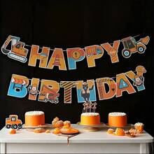 Construction Truck Theme Happy Birthday Paper Banner Engineering Vehicle Design Party Decoration Photo Background Banner - Yellow - View 2