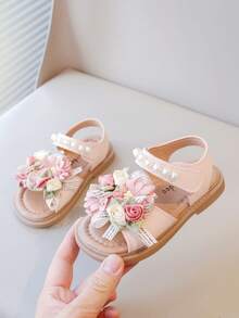 New Summer Girls Sandals Floral Lace Children Flat Shoes Toddler Open Toe Sandals, Sweet Casual Infant Shoes Cute Baby Beach Sandals - Pink - View 1
