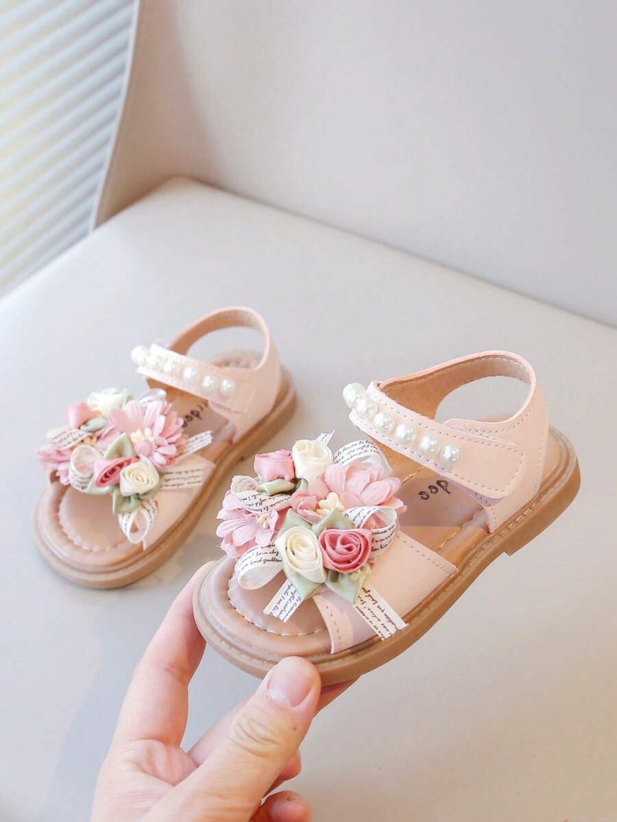 New Summer Girls Sandals Floral Lace Children Flat Shoes Toddler Open Toe Sandals, Sweet Casual Infant Shoes Cute Baby Beach Sandals - Pink - View 1