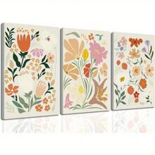 Juego de 3 pinturas en lienzo de flores bohemias, arte de pared abstracto botánico con floral, cuadros de pared, pósteres minimalistas de plantas, impresiones artísticas para sala de estar, dormitorio, oficina y decoración del hogar - Pintura mural enmarcada en tres piezas, arte de pared con marco