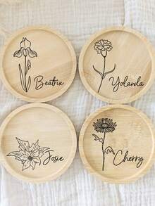 1pc Customized Floral Design Bamboo Trivet Mat, Wedding Decoration, Birthday Gift, Anniversary Present, Customized Trivet - Wood Color - View 7