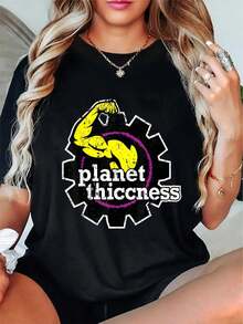 Plus Size Women Planet Thiccness Graphic T-Shirt Funny Gym Workout Lover Tee Black Casual Short Sleeve With Muscle Arm Design Machine Washable Size L-3XL 4XL 5XL - 黑色 - 查看 1