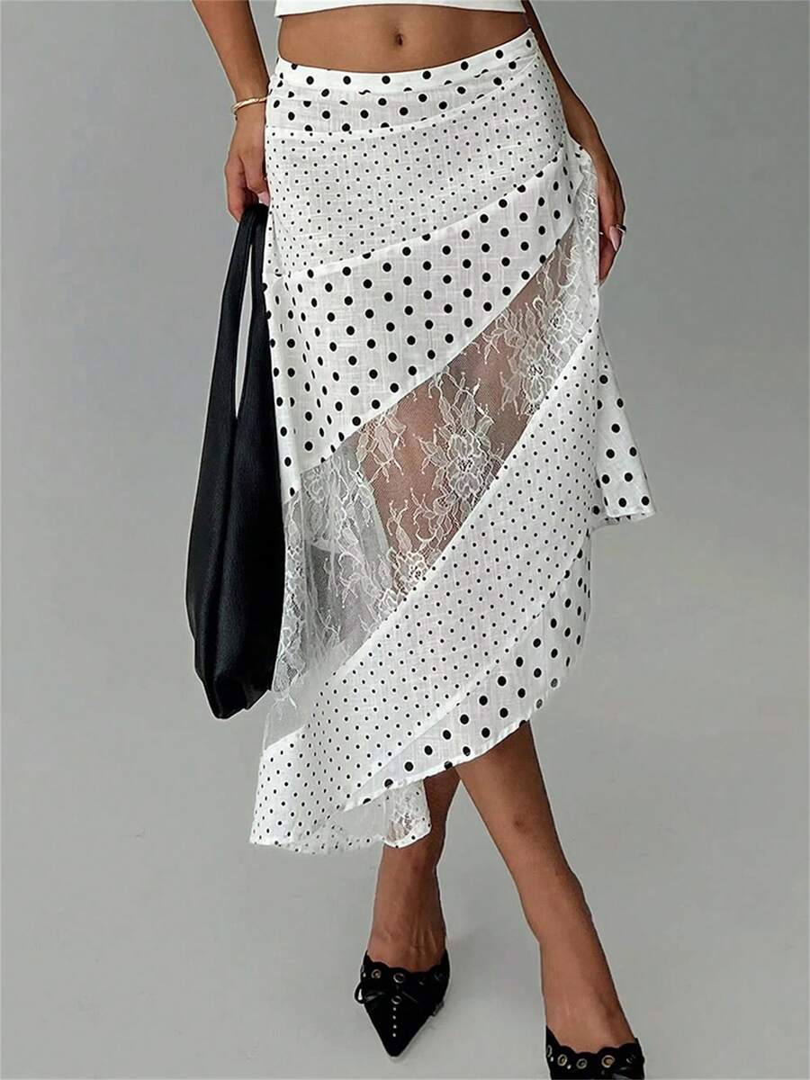 Women's Y2K Lace Patchwork Flowy Midi Skirt Vintage Low Waist Floral/Dots Print Asymmetrical Hem Flowy Long Skirts Summer Fall Beach Vacation Lightweight Aesthetic Skirt - 白色 - 查看 1