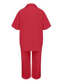 Plus Size Solid Color 2 Pieces Sets, Loose Casual Notched Collar Pocket Top + Long Wide Leg Pants - Red - View 2