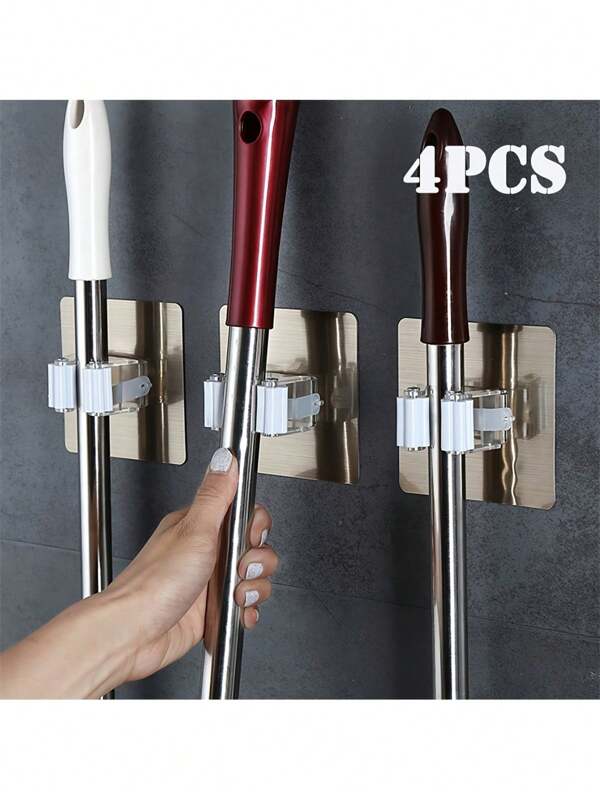 4pcs Powerful Mop Hooks Rack, Adhesive Wall Mount Storage Holder For Mop, Broom, Bathroom Toilet Brush Hanger