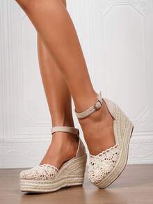 女士纯色简约系带帆布鞋，度假米色绒面革草编平底鞋，黑色坡跟厚底一脚蹬波西米亚编织系带沙滩/婚礼户外凉鞋，四季皆宜 - 杏色 - 查看 6