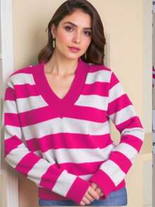 TRICOZHU Knitted Long Sleeve Striped Blouse V-Neck Striped V-Neck Blouse Polyester With Elastane Ribbed Collar And Cuff ONE SIZE 36-44 - Hot Pink - View 2