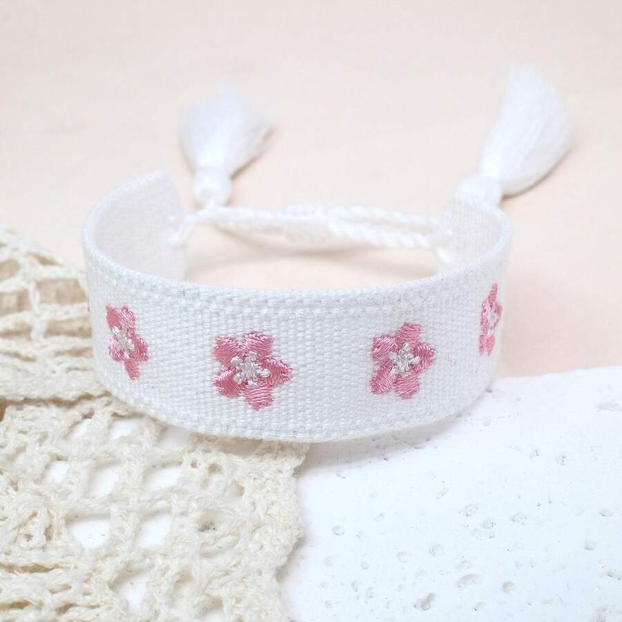 1 pieza Pulsera de estilo bohemio hecha a mano con bordado floral y borlas, ajustable, adecuada para regalos a amigos, familia, estudiantes, para vacaciones, fiestas, viajes y bodas - Blanco - Ver 1