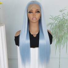 Light Blue Color Hair Synthetic Lace Front Wigs Fashion Blue 13x4 Free Part 28 Inches Long Straight Wigs HD Lace Pre Plucked Baby Hair Natural Hairline Glueless Frontal Lace Replacement Wigs Ready To Wear Comfortable For Women Girls Party Movie Concert Makeup Use Daily Wear - Màu xanh nhạt - Xem 3