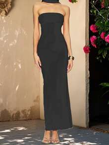 Women's Summer Long Tube Dress Solid Color Strapless Ruched Slit Hem Backless Bodycon Dress With Scarf - 黑色 - 查看 2