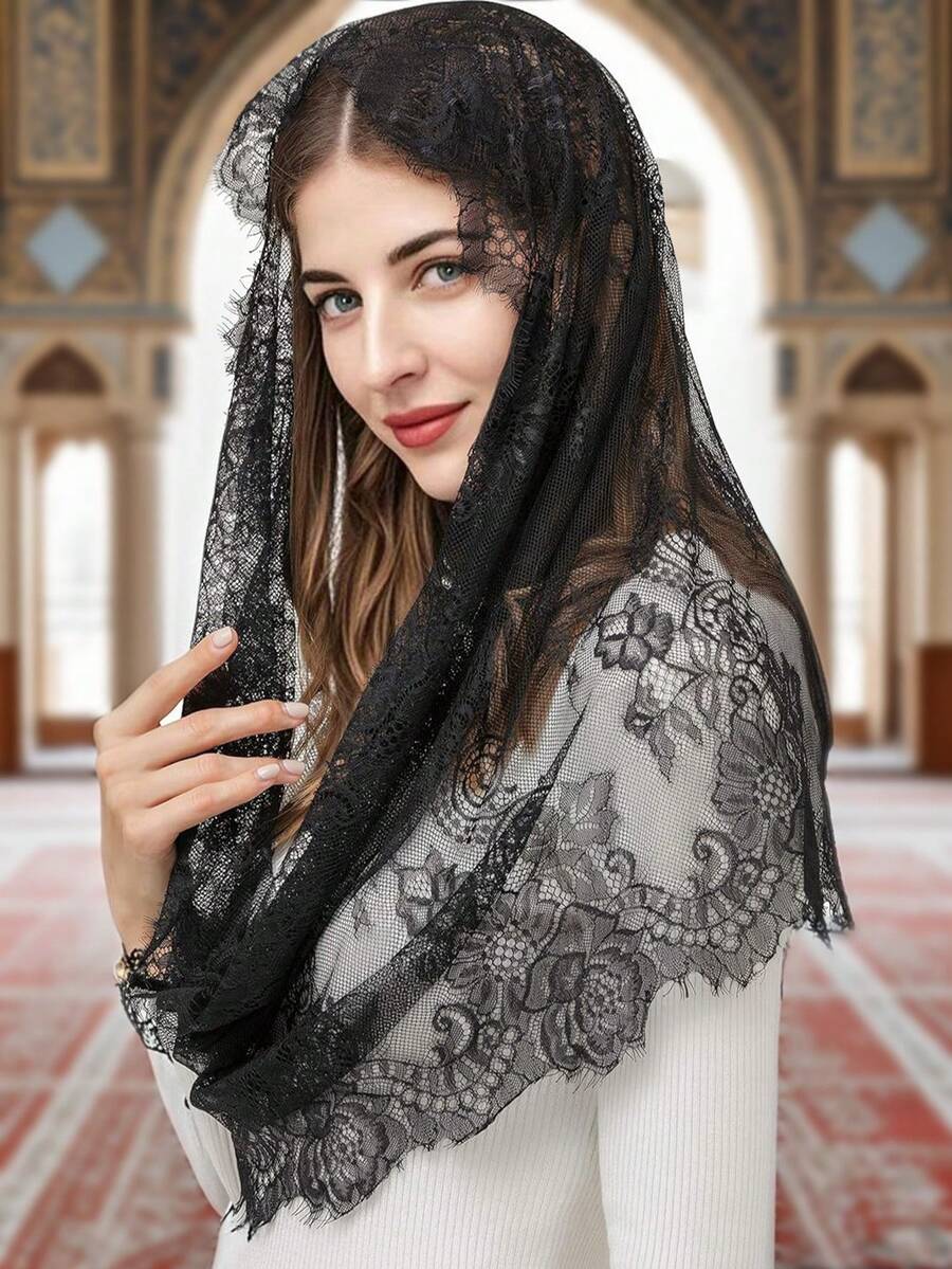 Velo de novia de boda bordado negro/blanco, velo mantilla de encaje floral católico, velo de iglesia negro, chal de encaje hueco blanco marfil tocado de mujer para ropa de otoño - Velo - Ver 1