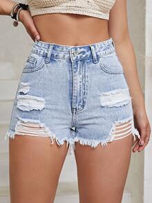 Teenagers Y2K Retro Fashionable Casual Frayed Ripped Denim Shorts, Slim Fit Street Style Jeans For Young Students - Blue - View 1