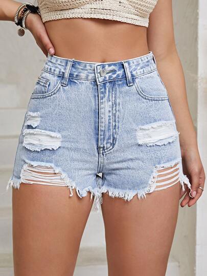Teenagers Y2K Retro Fashionable Casual Frayed Ripped Denim Shorts, Slim Fit Street Style Jeans For Young Students