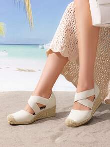 Women's Close Toe Espadrilles Platform Slip On Elastic  Cross Straps Dressy Wedges Sandals Matching Dress - 米色 - 查看 3