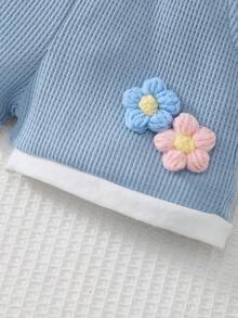 2pcs Baby/Toddler Girls' Daily Casual Cute Versatile Blue Floral Decor Round Neck Short Sleeve T-Shirt And Elastic Waist Dual Pockets Shorts Set, Summer - Blue - View 5