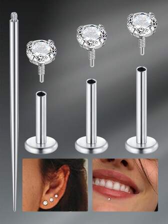 CIZME 18G 6/8/10mm läppring/läppstift/örhänge i titanstål, invändigt gängade läpppiercingsmycken, unisex; G23 6/8/10mm allergivänlig graverad kubisk zirkonia platt läppring/broskstift/näsring/örhänge i titanstål, accessoarer för vardagsbruk, lämplig för kvinnor