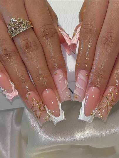 24Pcs/Set Elegant 3D Floral French Nail Stickers With Gold Edges & Pearls, Square Shaped Press-On Nail Art Tips, Suitable For Girls/Ladies Everyday, Outdoor, Party Nail Decoration Press On Nails Nail Supplies Nails