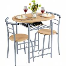 3 Piece Compact Dining Room Set, Dining Table & Chairs Set For 2, Breakfast Bar Table Set With Metal Legs And Built-In Wine Rack For Small Space/Apartments/Kitchen, Natural, 80x53x75.5cm - Natural - View 1