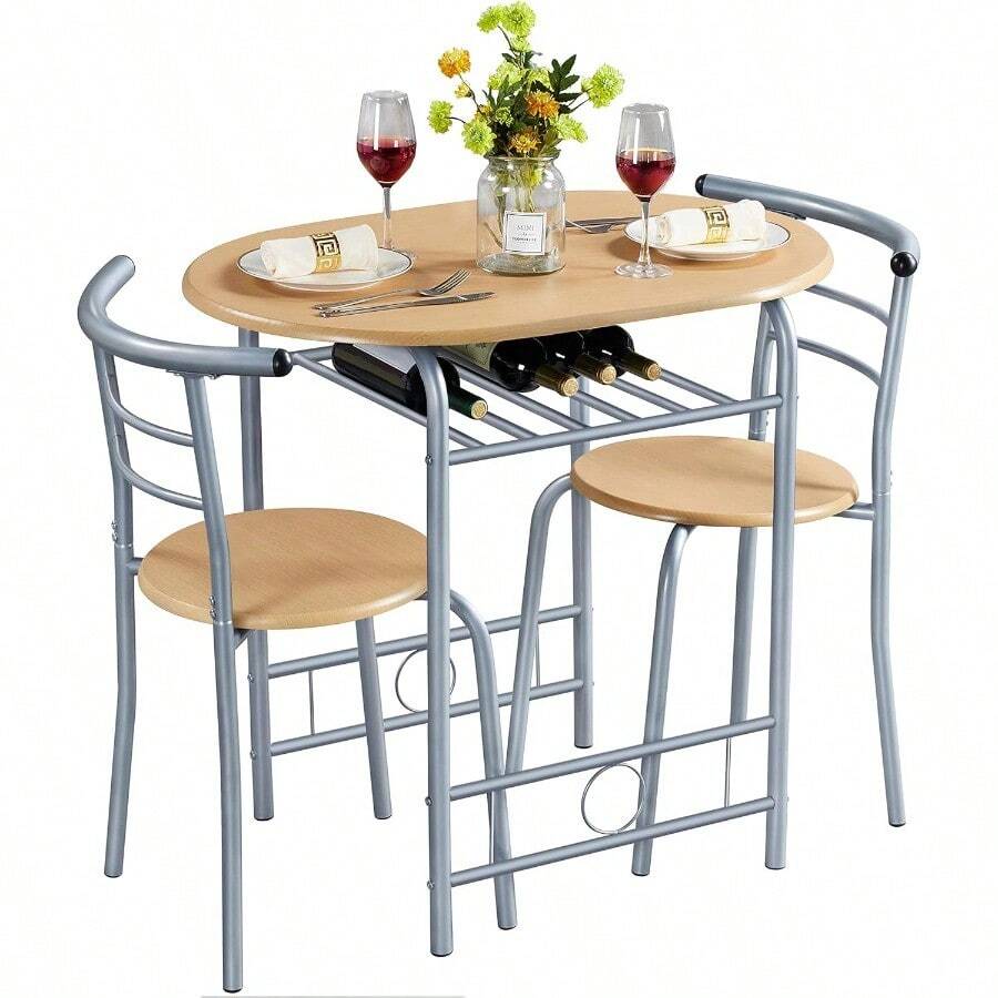 3 Piece Compact Dining Room Set, Dining Table & Chairs Set For 2, Breakfast Bar Table Set With Metal Legs And Built-In Wine Rack For Small Space/Apartments/Kitchen, Natural, 80x53x75.5cm - Natural - View 1