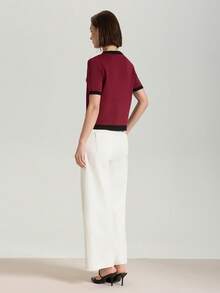 Color Block Button Down Short Sleeve Casual Knitted Cardigan - Multicolor - View 2