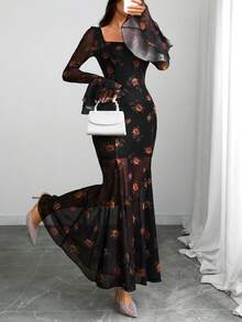 女式哥特式性感优雅玫瑰华丽花朵双袖修身美人鱼下摆双衬里连衣裙 - 彩色 - 查看 6