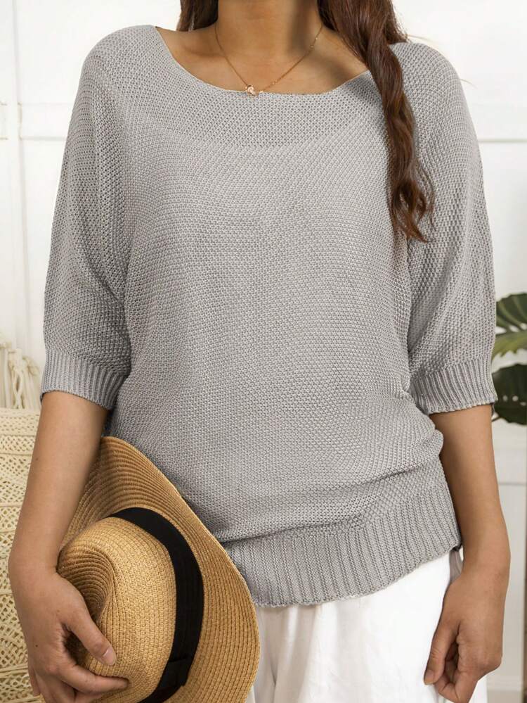 Plus Size Solid Color Loose Casual Pullover Sweater For Women, Spring & Summer - Grey - View 2