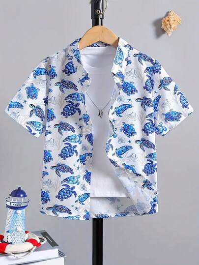 Tween Boy Tropical Beach Holiday , Casual Short Sleeve Blue Turtle & Starfish Print Shirt, Suitable For Outdoor Leisure And Vacation Wear , Travel Essential