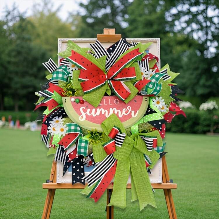 24-Inch Watermelon Summer Wreath - Farmhouse Rustic UV-Resistant Mesh Door Hanger With Faux Fruits, Checkered Ribbon & Daisy Accents - Hello Summer Sign, Mother's Day Gift For Indoor/Outdoor Welcome Decor, Watermelon Decor - 1個 - 查看 11