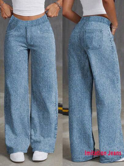 1 pieza Pantalones rectos con bolsillo de efecto denim, casuales y sueltos, para entrenamiento deportivo al aire libre para adolescentes, adecuados para primavera, verano, otoño e invierno