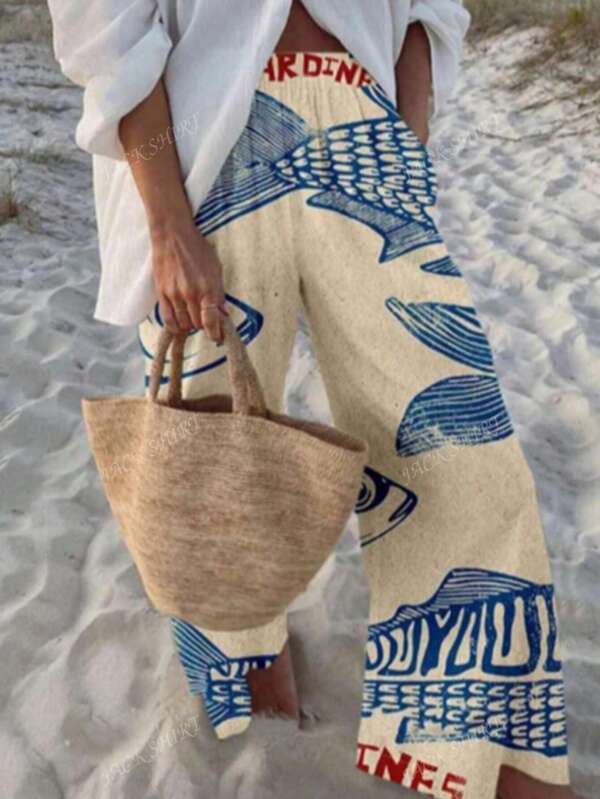 Plus Size Women Holiday Boho Style Fish Print Loose Straight Leg Pants, Suitable For Summer Vacation