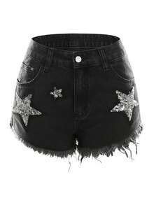 Pantaloni scurți de damă, negru, din denim, cu paiete, cu tiv uzat - Negru - Vizualizare 6