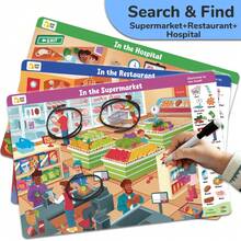 学前学习活动套装：可重复使用的活动垫、1支白板笔、3个主题（超市+餐厅+医院）、益智玩具、旅行游戏，适合公路旅行、汽车、飞机等多种场合。